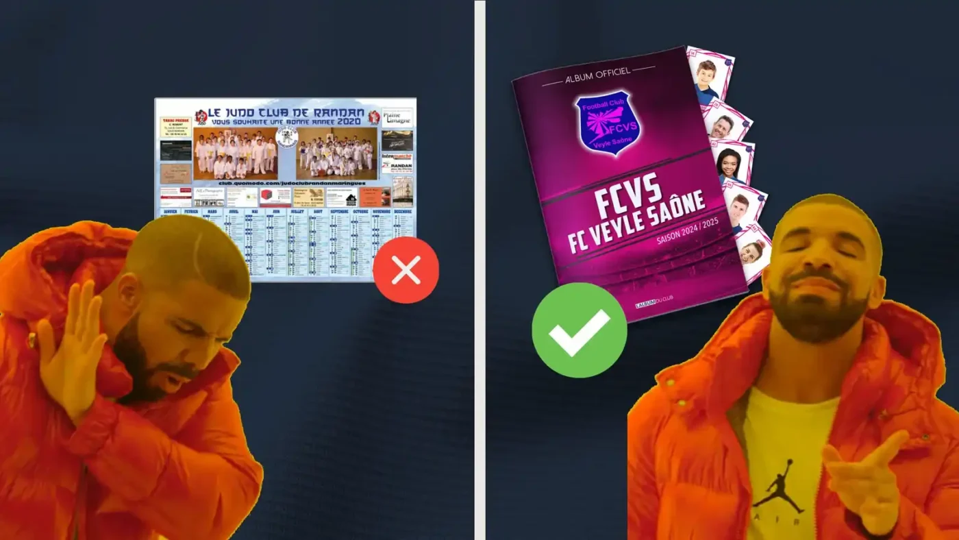 Meme de Drake comparant un calendrier de club ancien et un album de vignettes moderne