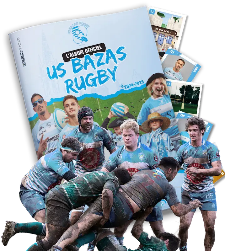 Joueur de rugby posant devant un album de vignettes personnalisé du club