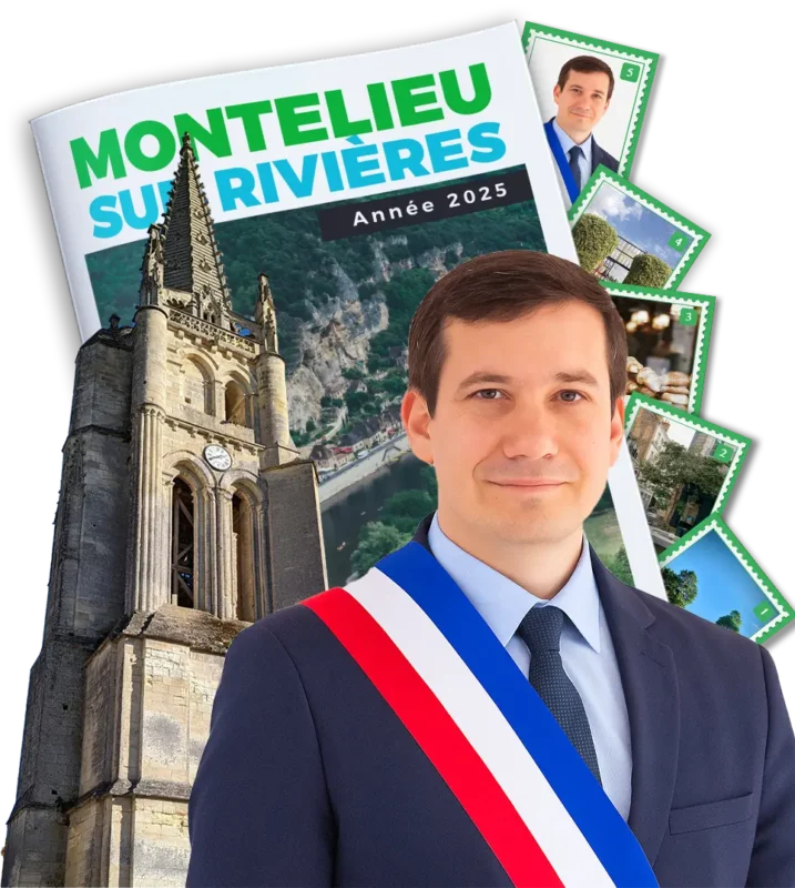 Maire posant devant une église avec un album de vignettes personnalisé de la ville