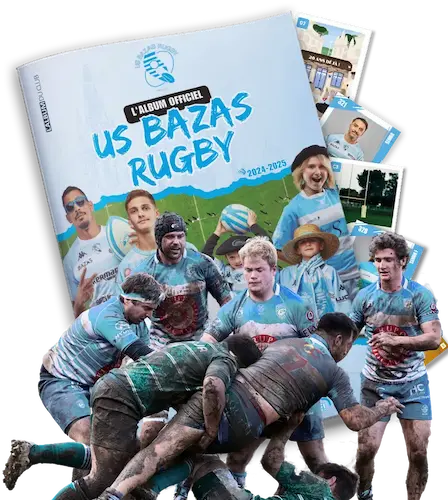 Joueur de rugby posant devant un album de vignettes personnalisé du club