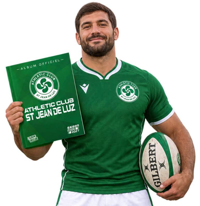 Jugador de rugby con el álbum de cromos del club