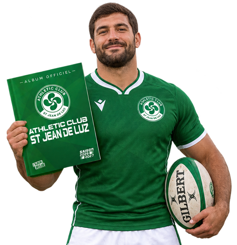 Jugador de rugby con el álbum de cromos del club