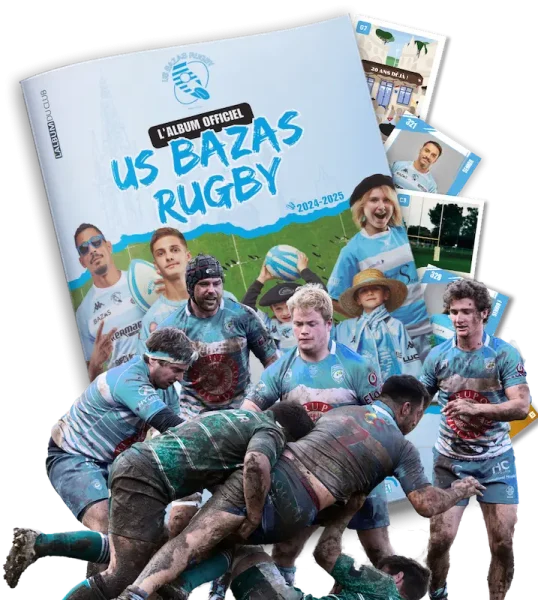 album-vignettes-club-rugby Joueur de rugby posant devant un album de vignettes personnalisé du club