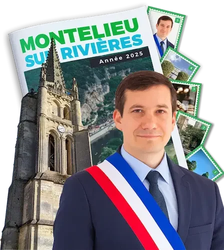 Maire posant devant une église avec un album de vignettes personnalisé de la ville